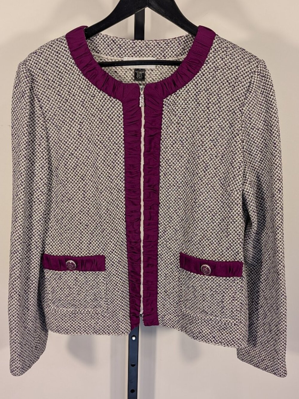 St. John Collection Zip-Front Knit Blazer | Vintage | Raspberry Trim | Sz 14